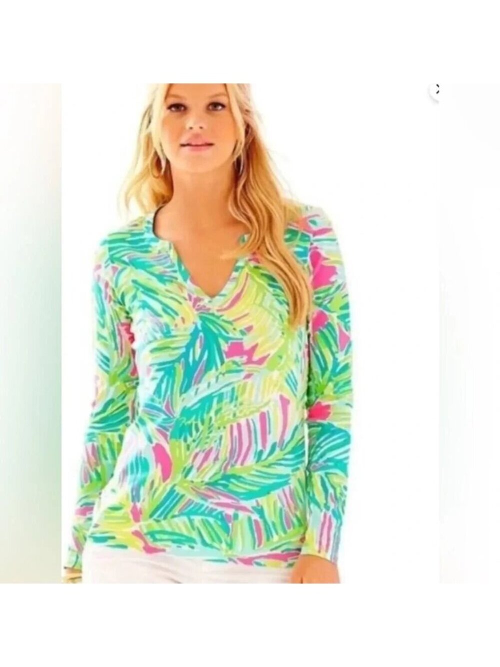 Lilly Pulitzer S Etta Long Sleeve V Neck Top Pink Green Palm